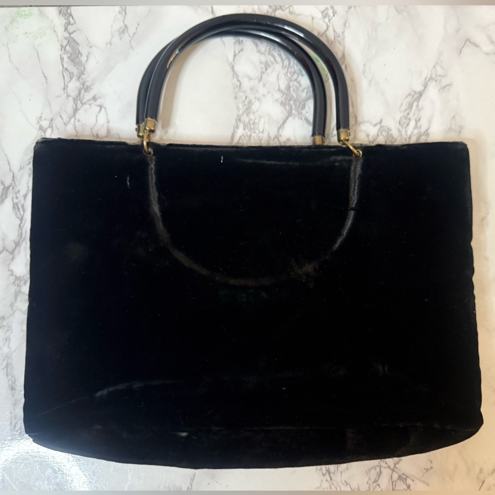 Vintage 50’s Garay Rayon Velour like Black Double Handle Purse- See photos